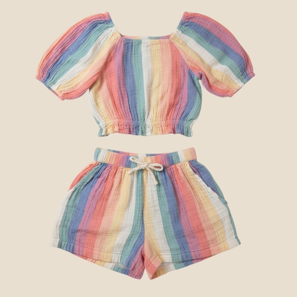 George Kids Rainbow Stripe Cotton Gauze 2-Piece Crop Top and Shorts Set Size 7-8